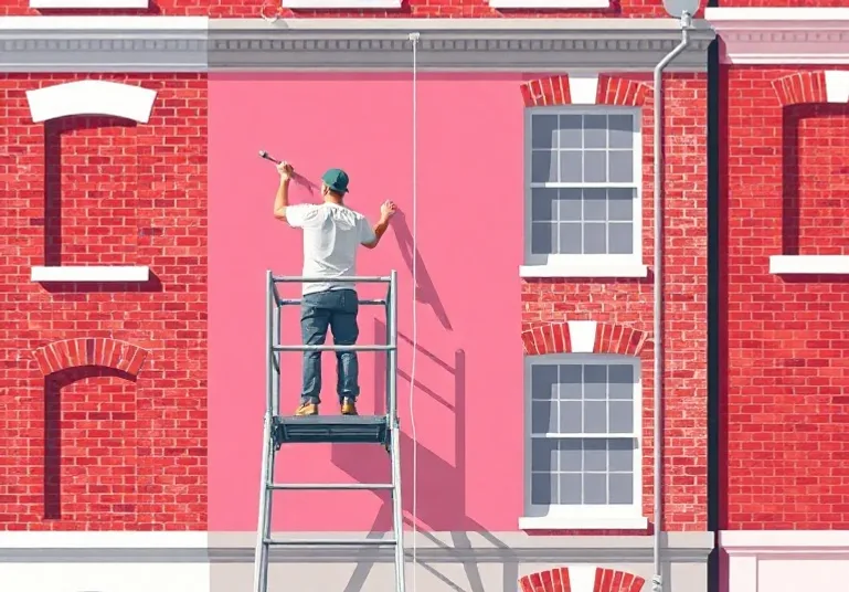 Peintre sur échafaudage traitant la façade d'une maison
