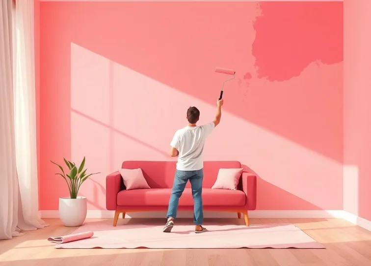 Peintre appliquant la peinture au rouleau sur un mur de salon